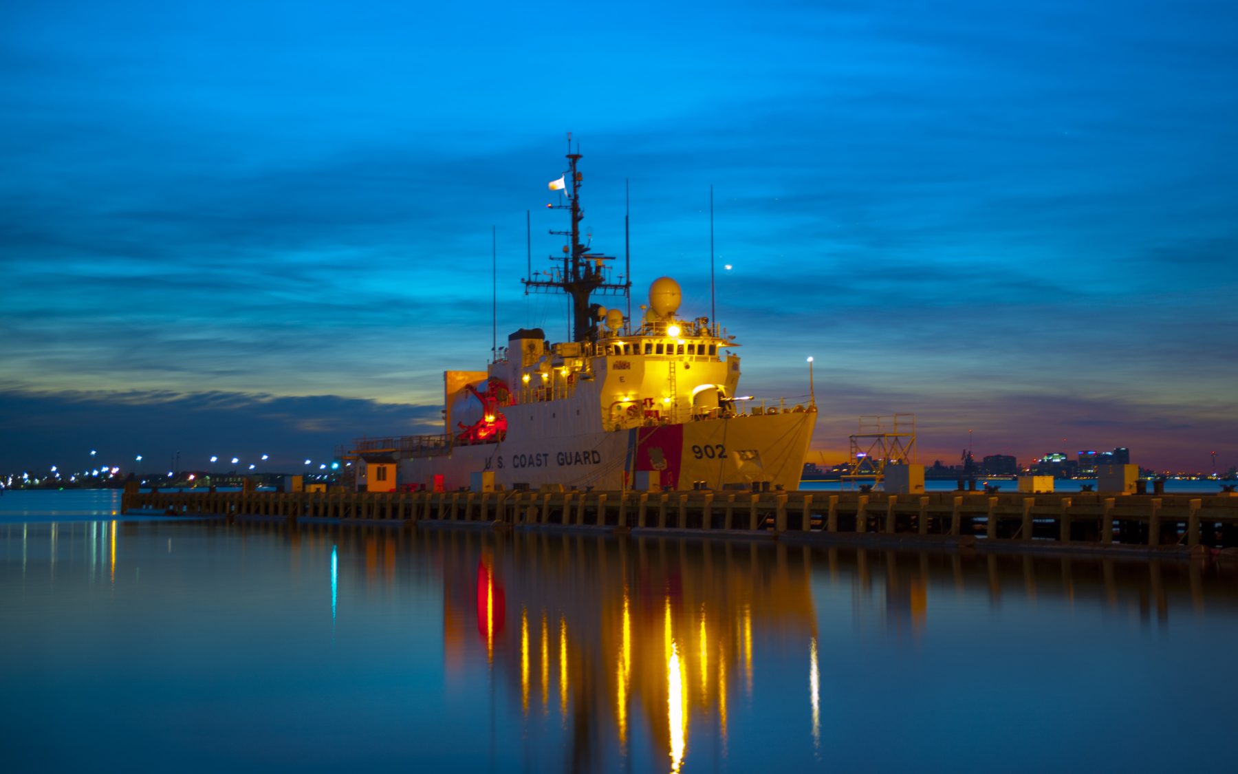 US Coast Guard Ship docked at Base Portsmouth sunrise